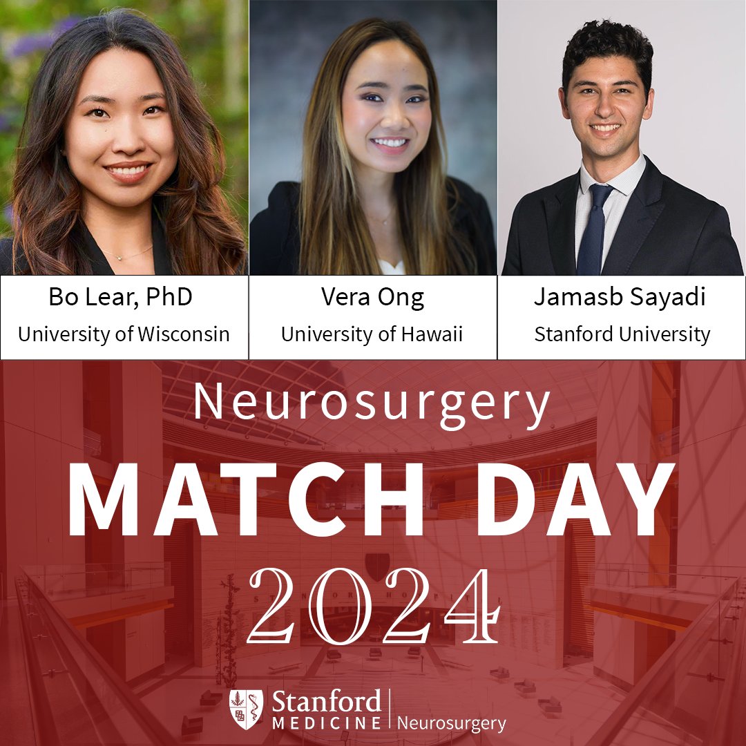 Today is Match Day! 

We are excited to announce the newest #Stanford Neurosurgery residency program additions! Welcome to the farm!🌲

Bo Lear, PhD
Vera Ong (<a href="/VeraPadlanOng/">Vera Ong, MD</a>)
Jamasb Sayadi (<a href="/JamasbSayadi/">Jamasb Sayadi</a>)

#Match2024 #StanfordNeurosurgery