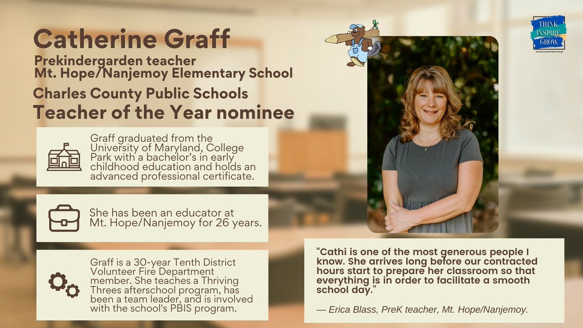 Charles County Public Schools (@ccps) on Twitter photo Congrats to Catherine Graff, prekindergarten teacher at <a href="/MtHopeNanjemoy/">Mt. Hope/Nanjemoy ES</a> for being nominated for the CCPS Teacher of the Year award. 🎉 CCPS recently honored the CCPS Teacher of the Year, finalists and nominees in its ceremony on Feb. 22. Stay tuned for more on social media. Congrats to Catherine Graff, prekindergarten teacher at <a href="/MtHopeNanjemoy/">Mt. Hope/Nanjemoy ES</a> for being nominated for the CCPS Teacher of the Year award. 🎉 CCPS recently honored the CCPS Teacher of the Year, finalists and nominees in its ceremony on Feb. 22. Stay tuned for more on social media.