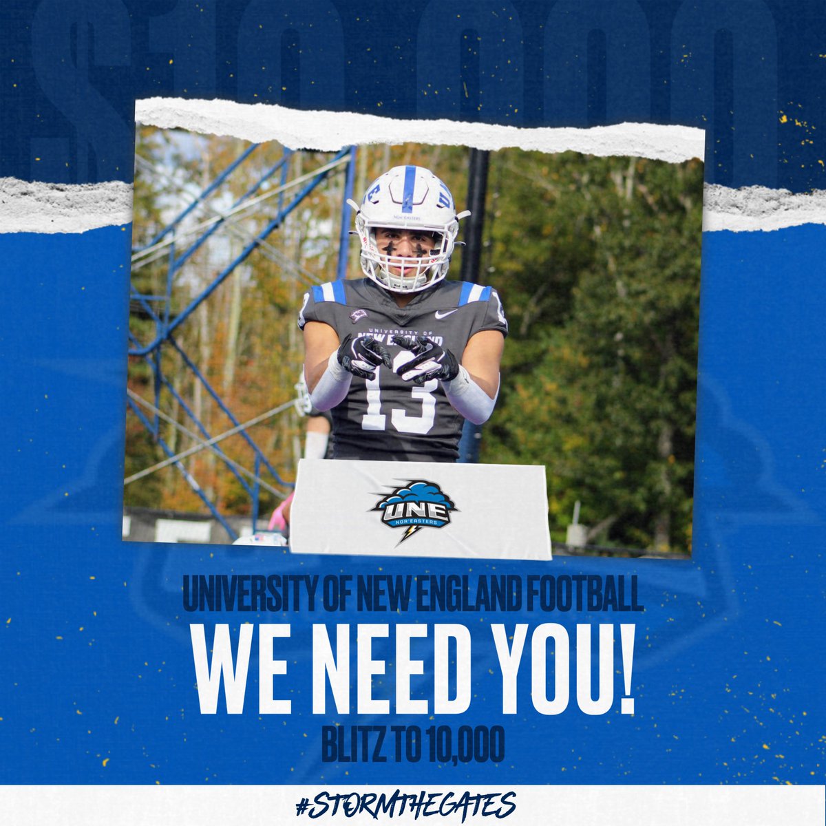 Today is the @unetweets Giving Day. That means it's also the LAST DAY in our annual Fundraising Blitz to $10k! Please help support the Nor'Easters! 🌩️🏈 #STG Link: alumni.une.edu/s/1080/m20/int…