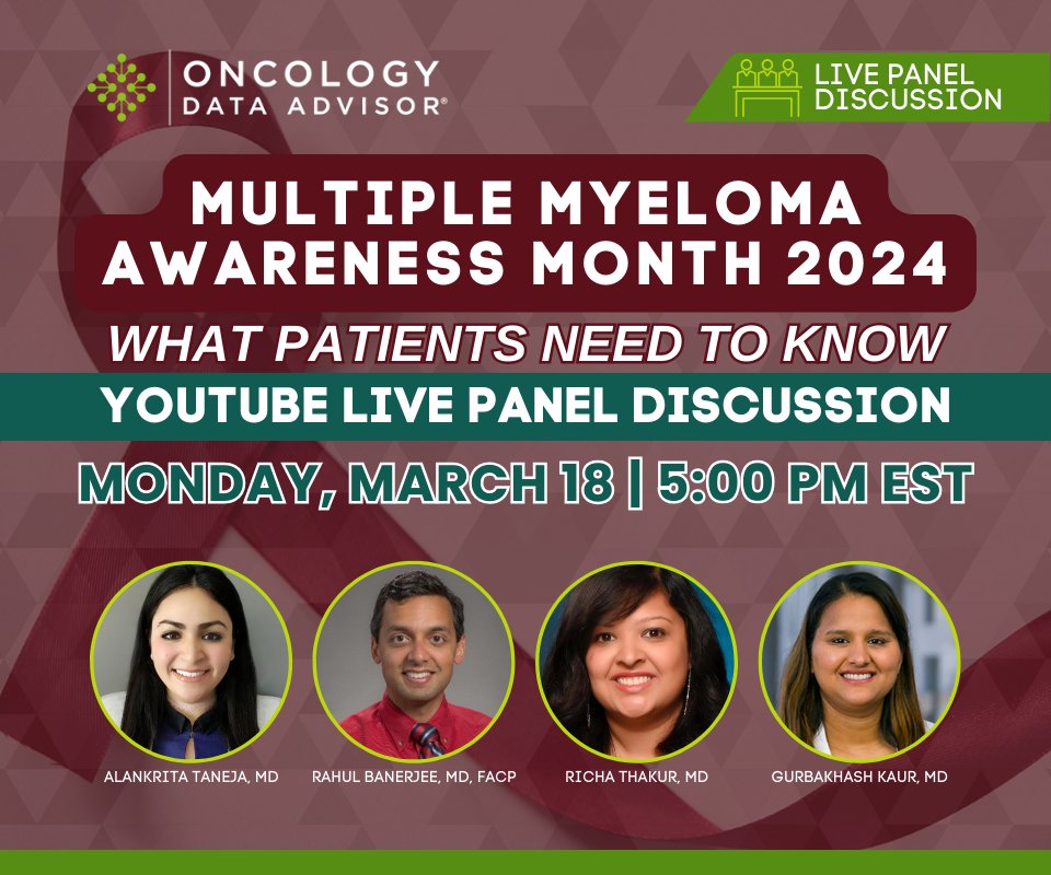 Oncology Data Advisor (@oncdata) on Twitter photo What is the most important new research in #MultipleMyeloma for patients to know? In this #MultipleMyelomaAwarenessMonth panel, <a href="/RahulBanerjeeMD/">Rahul Banerjee, MD, FACP</a>, <a href="/TanejaMD/">Alankrita Taneja, MD</a>, <a href="/RichaThakurMD/">Richa Thakur, MD</a>, and <a href="/GKaurMD/">Gurbakhash Kaur</a> will share the latest updates.
Join us at 5 PM ET on Monday 3/18! youtube.com/live/mggILGgHU… What is the most important new research in #MultipleMyeloma for patients to know? In this #MultipleMyelomaAwarenessMonth panel, <a href="/RahulBanerjeeMD/">Rahul Banerjee, MD, FACP</a>, <a href="/TanejaMD/">Alankrita Taneja, MD</a>, <a href="/RichaThakurMD/">Richa Thakur, MD</a>, and <a href="/GKaurMD/">Gurbakhash Kaur</a> will share the latest updates.
Join us at 5 PM ET on Monday 3/18! youtube.com/live/mggILGgHU…