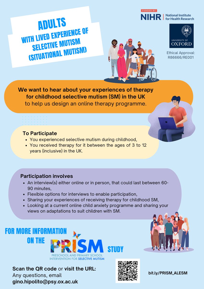 📣 Adults with lived experience of #SelectiveMutism #SituationalMutism !!! If you experienced SM during childhood and received therapy for it (aged 3-12 years) in the UK, we would love to hear about your experiences to help us design an online programme. See flyer for info 👇🏼