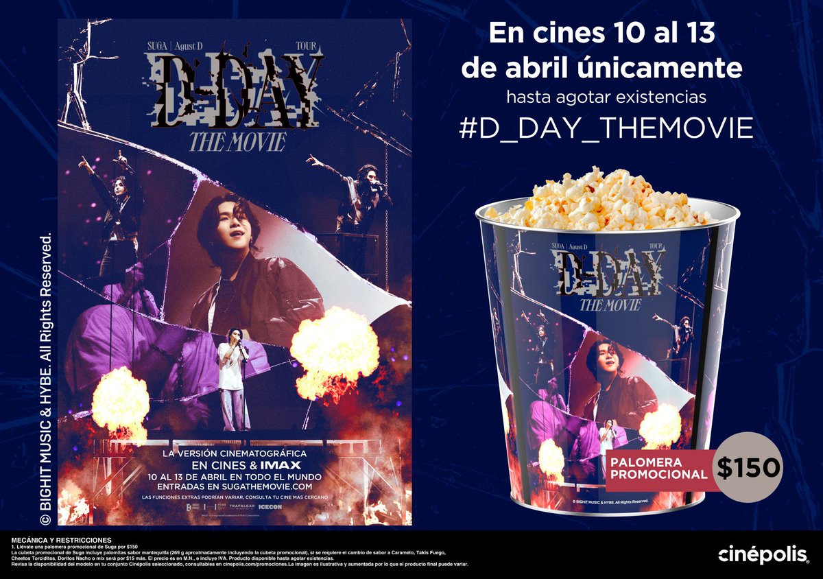 RadioBTSMexico's tweet photo. 🎟️🔥 | EXCLUSIVA #AgustD  🇲🇽

🔵🎟️ CINÉPOLIS tendrá disponible 2 artículos de edición especial por #D_DAY_THEMOVIE  #D_DAY_TOUR  

📍 UNA POSTAL al entrar a la función 

📍UNA PALOMERA edición DDAY costo $150 MNX🍿

Recuerda llegar temprano a tu función y preguntar disponibilidad https://t.co/GyBQlZs2Bt