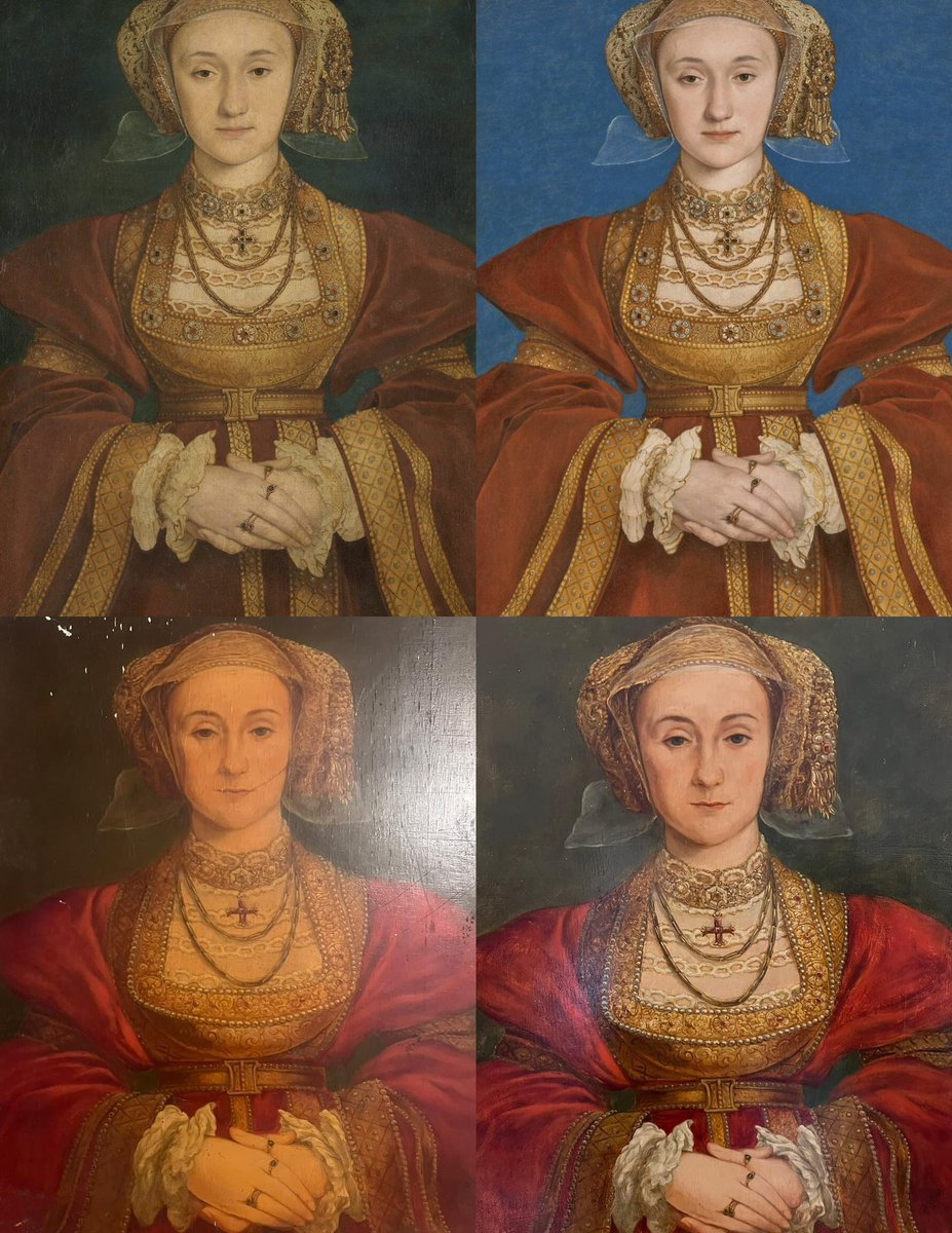 It is fascinating to wonder how long the brilliant blue background of #Holbein’s stunning portrait of Queen #AnneofCleves has been hidden. When my late C18th copy was cleaned (below), a sludgy green background was revealed, suggesting it may have been concealed for centuries.
