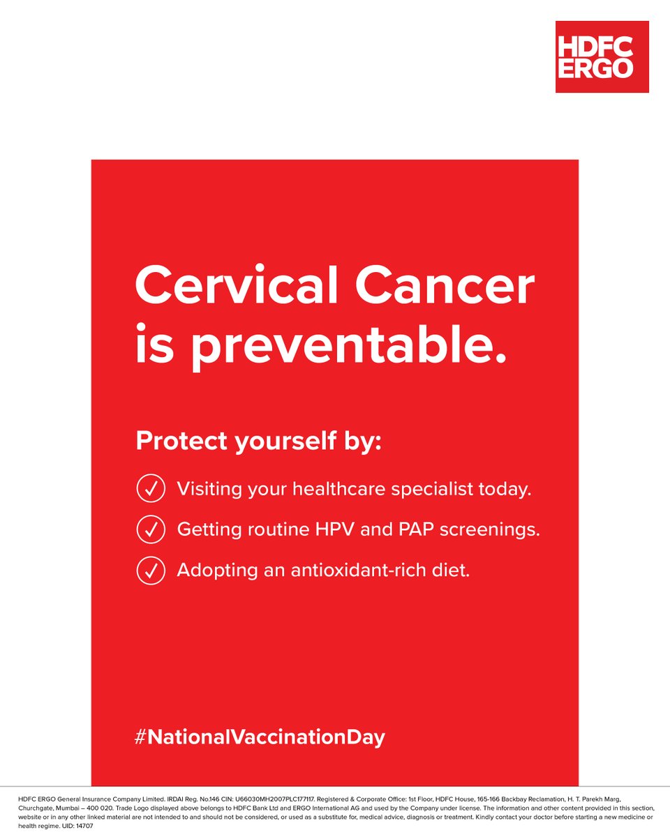 Cervical cancer is the second biggest cause of cancer deaths among women in India. Share this with the women in your lives and protect them from the threat of Cervical Cancer. #HDFCERGO #NationalVaccinationDay #Topical #CervicalCancer