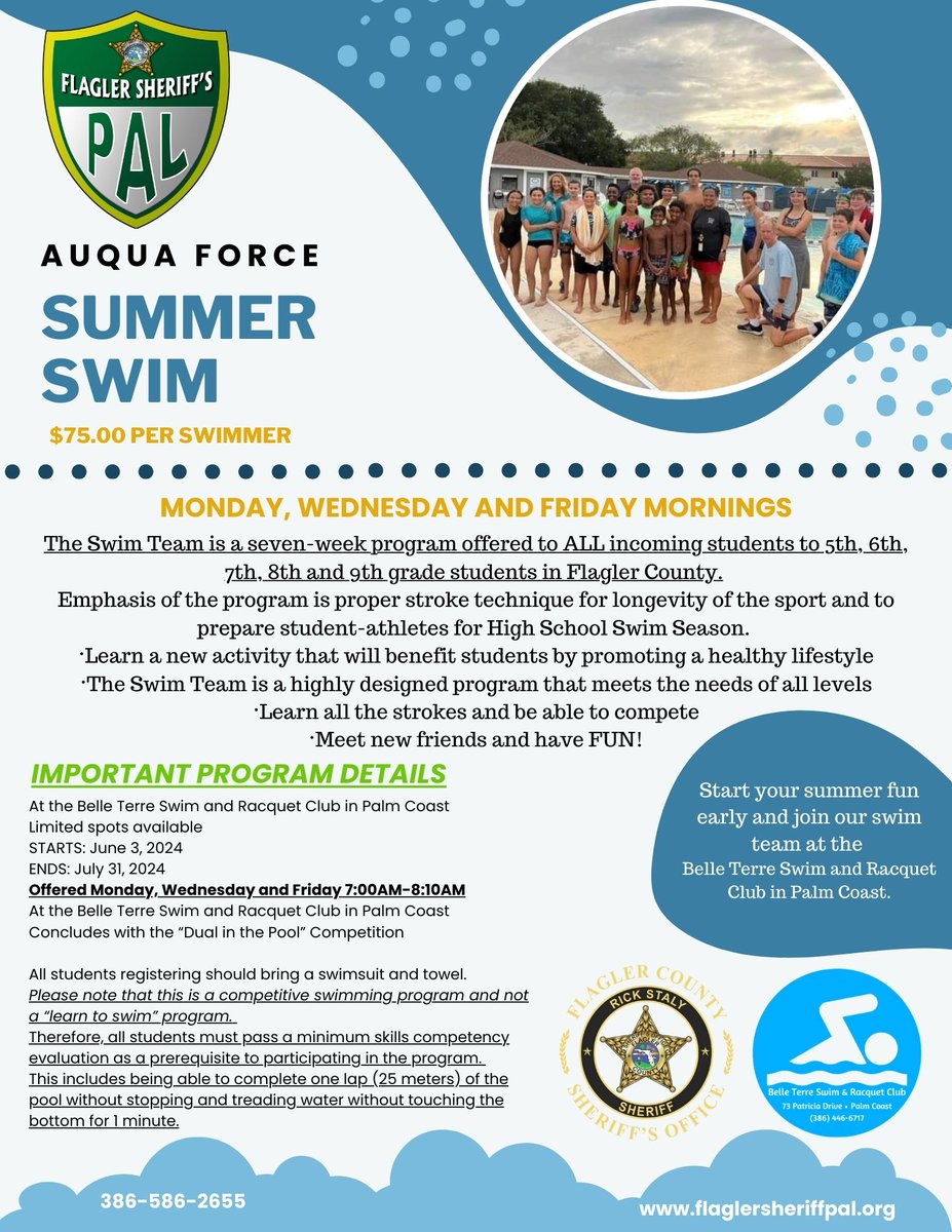FSPAL Summer Swim League is OPEN for registration! Grades 5th-8th Please read the program details! 😀 flaglersheriffpal.org @FlaglerSchools @FTC_AE