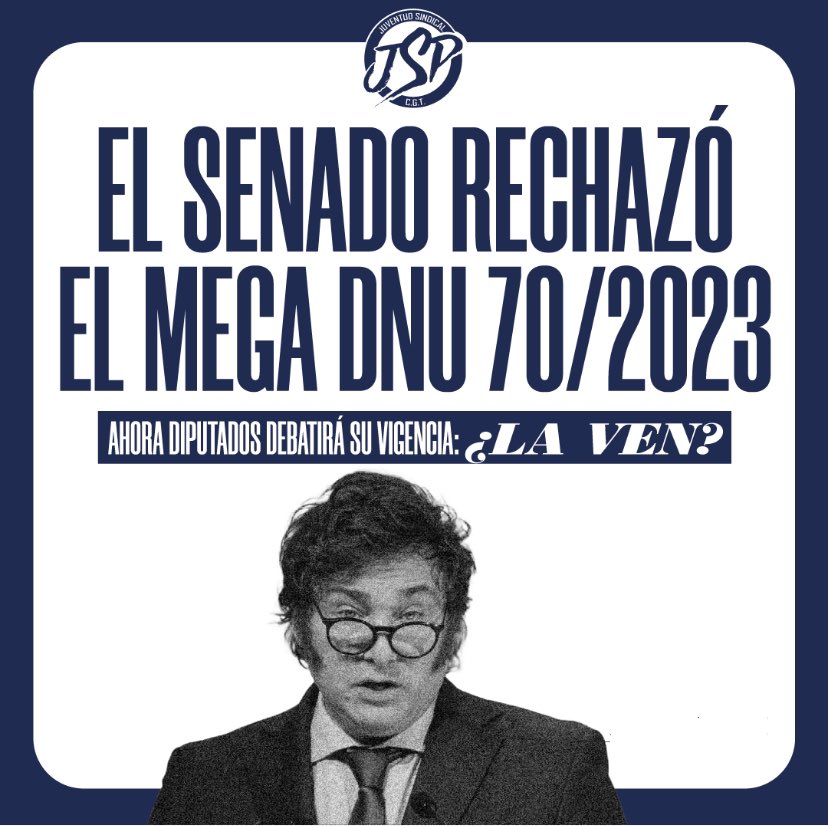 Javier Milei se convirtió en el primer presidente al que el <a href="/SenadoArgentina/">Senado Argentina</a> le rechaza un DNU.

Con 42 votos en contra, el Mega DNU fue rechazado y ahora <a href="/DiputadosAR/">Diputados Argentina</a> tiene la obligación de ponerle un freno a un decreto que de necesidad y urgencia no tiene NADA.

#ChauDNU