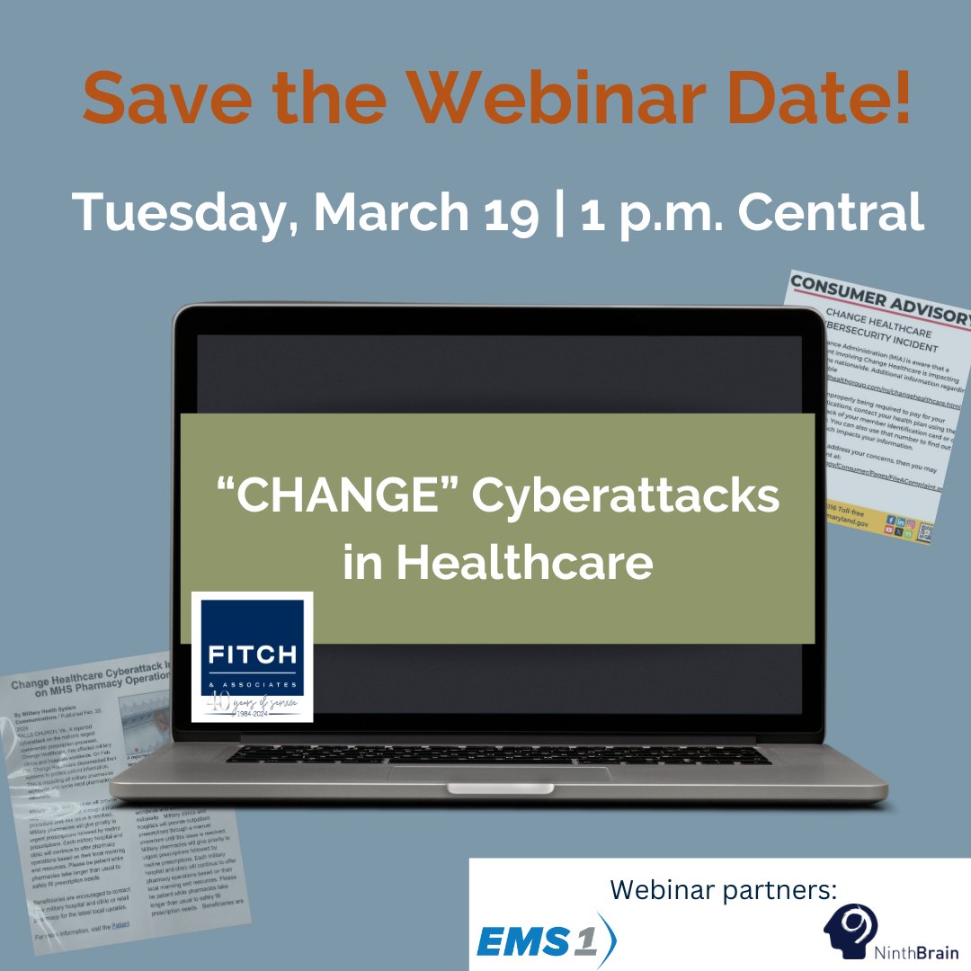 'CHANGE' Cyberattacks in Healthcare
Tuesday, March 19, 2024 | 1 p.m. central

Join us for an in-depth review of the Change Healthcare Cyber Attack, including analysis, insightful discussions on responses and much more.

Register: bit.ly/4aeSgl8
#EMS #webinar #fitchassoc