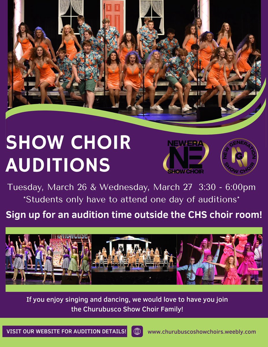 Know of a junior high or high school student that loves music, singing &amp; dancing? We would love them to be a part of the Churubusco Show Choir family! Visit our website at churubuscoshowchoirs.weebly.com for more details!