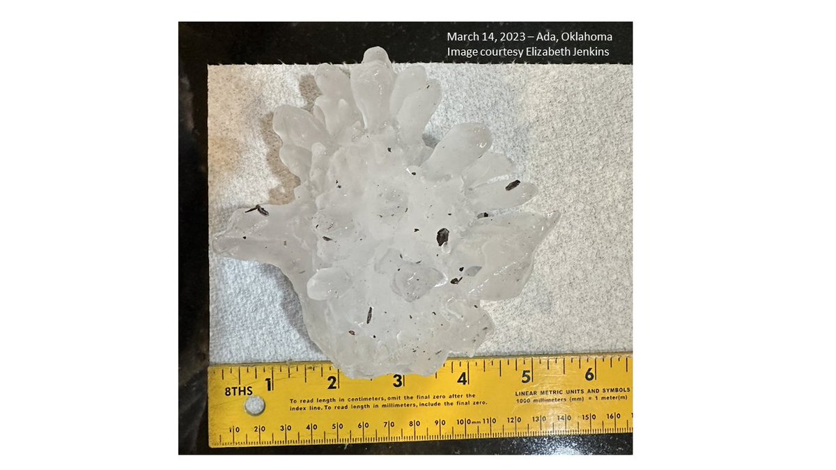 This 5.25 inch diameter hail stone fell in SE Ada OK on 3/14/24. It's a new record for the largest stone reported in Pontotoc County since 1950 (old record was 3.25' near Francis 3/26/2017). It's also the largest in OK since 5/23/2011, when 6' hail fell in Caddo County. #okwx