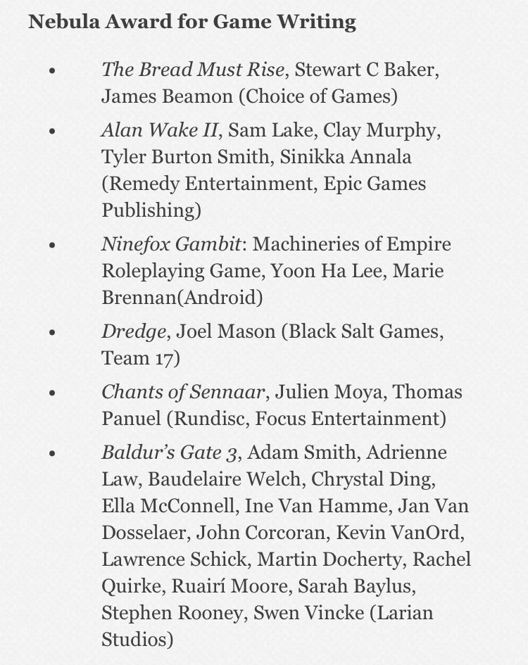 We’ve been nominated for the Nebula! So proud to be part of this team with @SamLakeRMD @TyBurtonSmith @sinikkavain and to be on this list with so many other great writers!