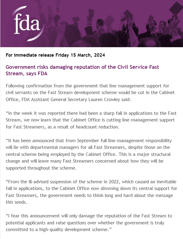 FDA union (@fda_union) on Twitter photo The Cabinet Office is cutting line-management support for Fast Streamers, as a result of headcount reduction
The government needs to think long and hard about the message this sends.
<a href="/Lauren_Crowley/">Lauren Crowley</a>'s response: The Cabinet Office is cutting line-management support for Fast Streamers, as a result of headcount reduction
The government needs to think long and hard about the message this sends.
<a href="/Lauren_Crowley/">Lauren Crowley</a>'s response: