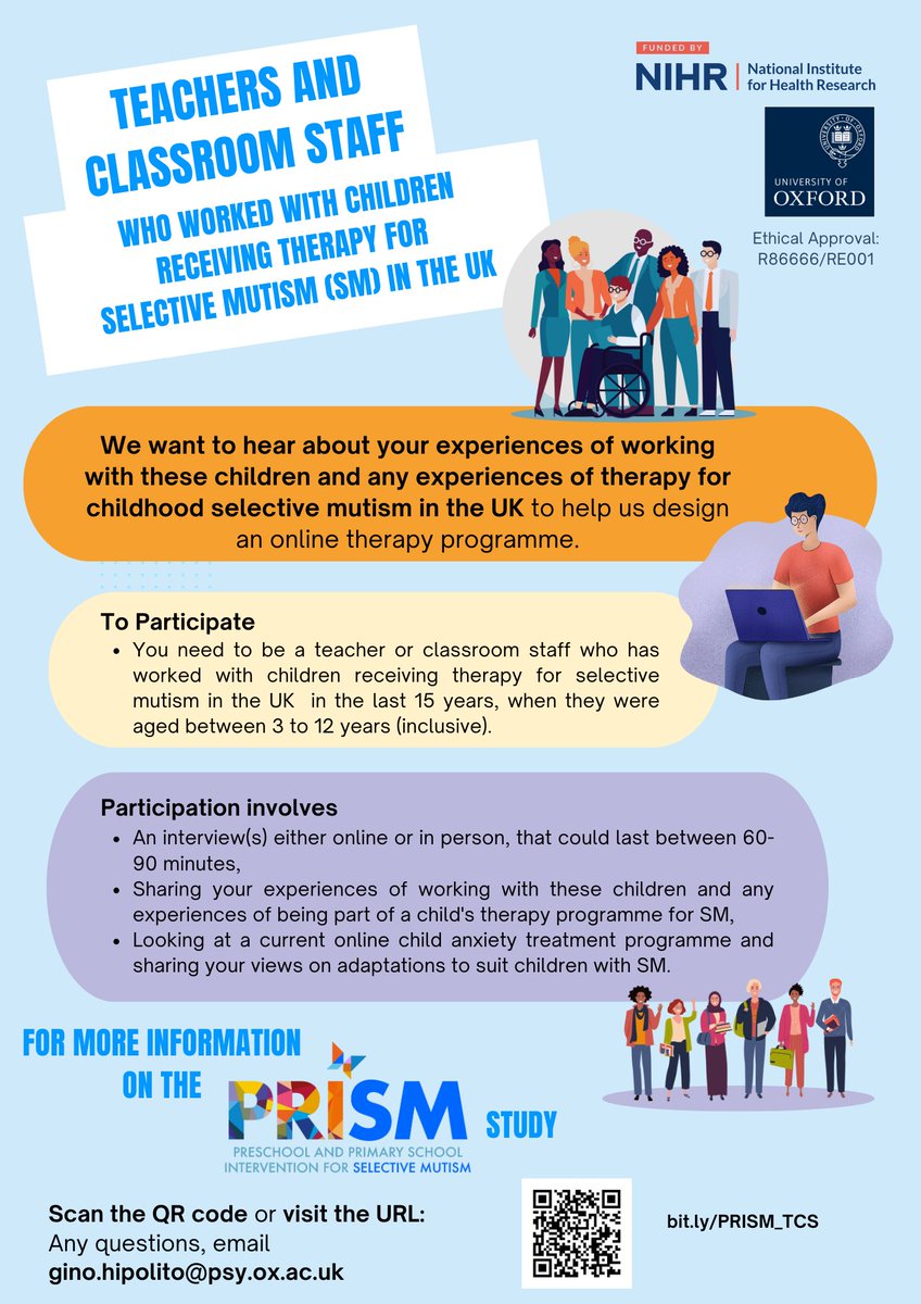 📣 Teachers &amp; classroom staff who worked with children with #SelectiveMutism #SituationalMutism (aged 3-12 years) in the UK, we would love to hear about your experiences to help us design an online therapy programme. See flyer for info 👇🏼