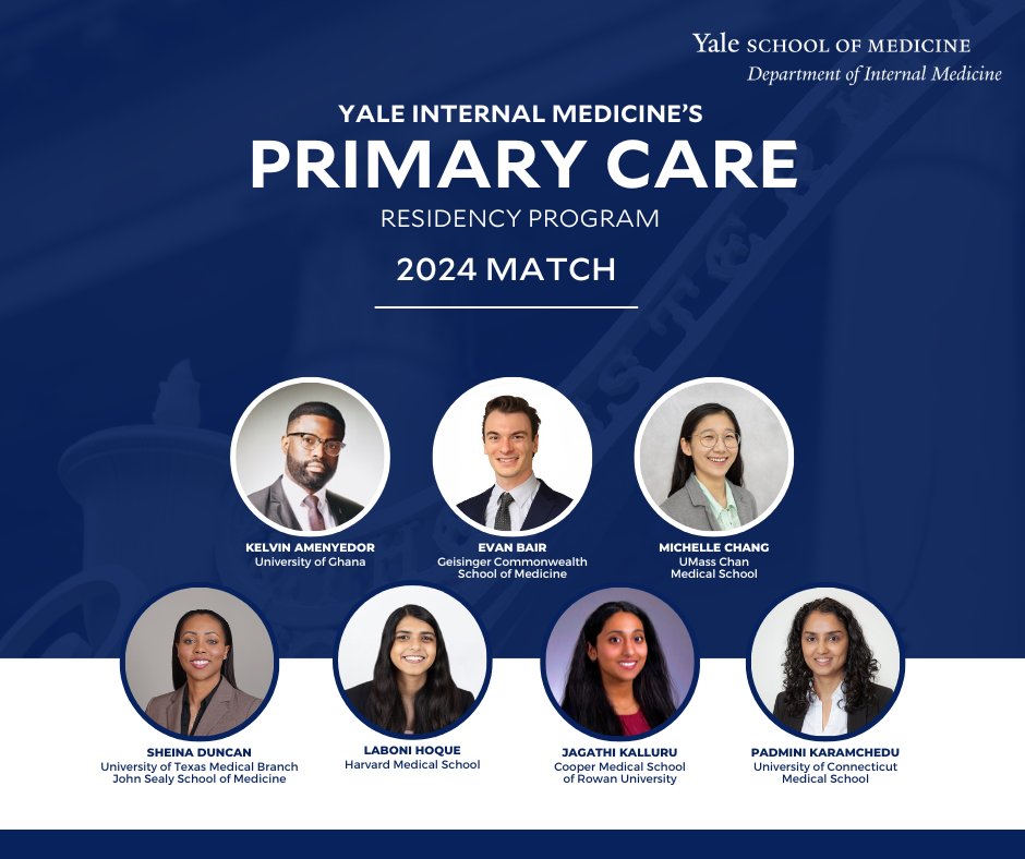 Excited to announce the incoming residents for the Internal Medicine Primary Care Residency Program! Welcome to @YaleMed @Yale @YNHH! 🧵 #MatchDay2024 #Residency #MedTwitter #Match2024 @johnmoriarty68 @StephenHolt7 @Tracy_Rabin @SSypc11 @TheDRBR @LydiaBarakatMD @DunneDana