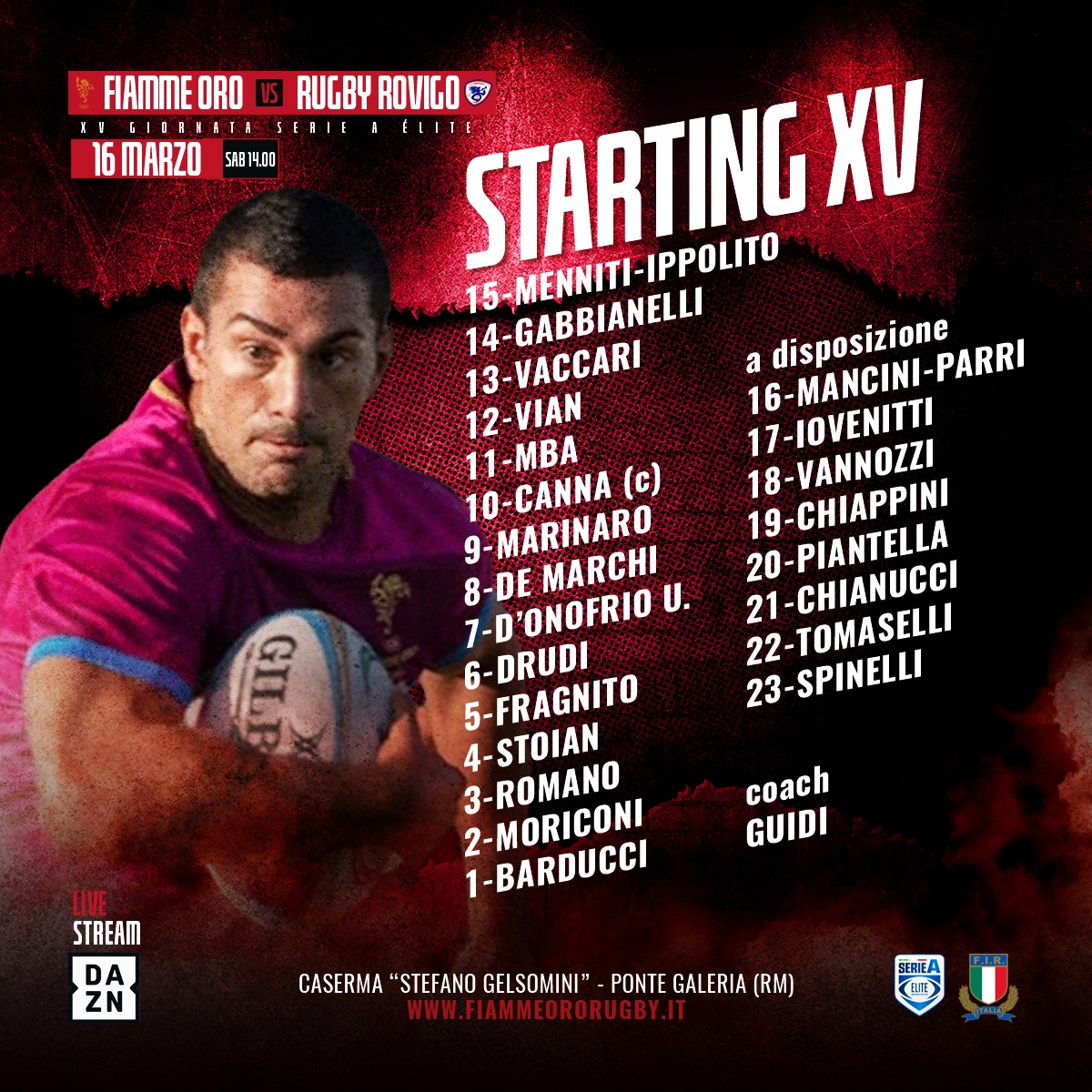 🔥🏉 𝗔𝗡𝗧𝗘𝗣𝗥𝗜𝗠𝗔 𝟭𝟱^ 𝗚𝗜𝗢𝗥𝗡𝗔𝗧𝗔 "𝗦𝗘𝗥𝗜𝗘 𝗔 𝗘́𝗟𝗜𝗧𝗘": 𝗙𝗜𝗔𝗠𝗠𝗘 𝗢𝗥𝗢 𝘃𝘀 𝗥𝗨𝗚𝗕𝗬 𝗥𝗢𝗩𝗜𝗚𝗢 
Scelta la formazione che sabato 16 marzo riceverà a i Campioni d'Italia
👉 t.ly/pp8CY
#noisiamolefiamme #essercisempre #FORvROV
📷P.Cerino
