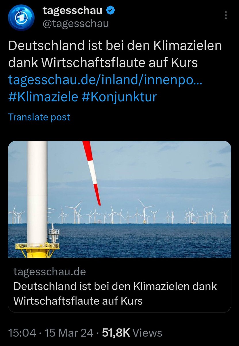 Grün wirkt.

Und die Tagesschau ist überraschend ehrlich.

Das 'dank' hätte man allerdings weglassen können. Die grünen Wirtschaftsprofis feiern das sonst immer weiter als 'Erfolg'.

#Klimaschutz #Klimaten #Ampel #Habeck #OERR