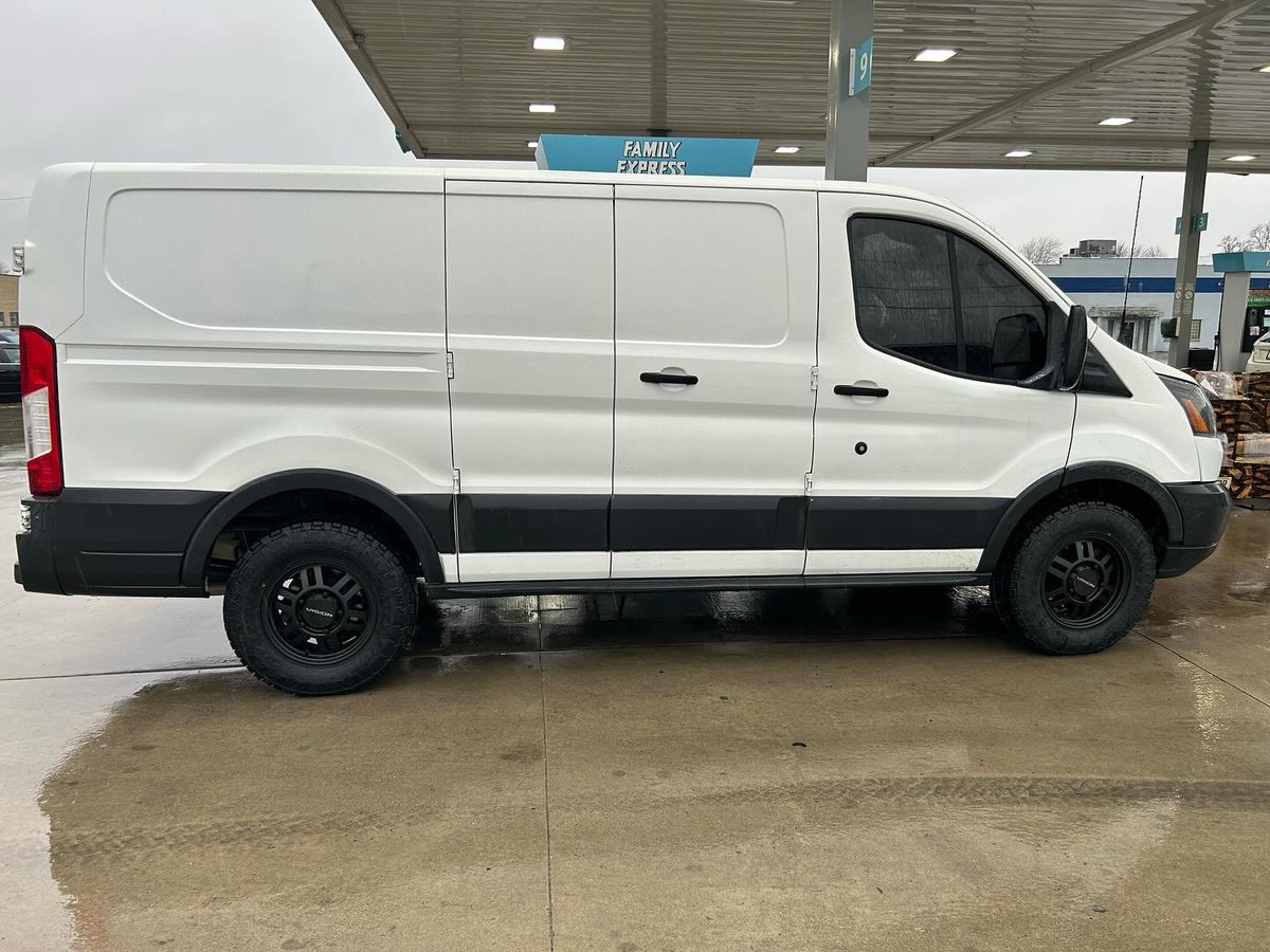 @ford Transit Van on a set of @visionwheel style Manx 2 Overland size 16x6.5 offset +45 bolt pattern 5x160. The tires are @toyotires Open Country AT3 in the size 225/75/16 on all corners. 

Note 📷 these will need a set of 14x1.5mm conical seat lug nuts to properly install