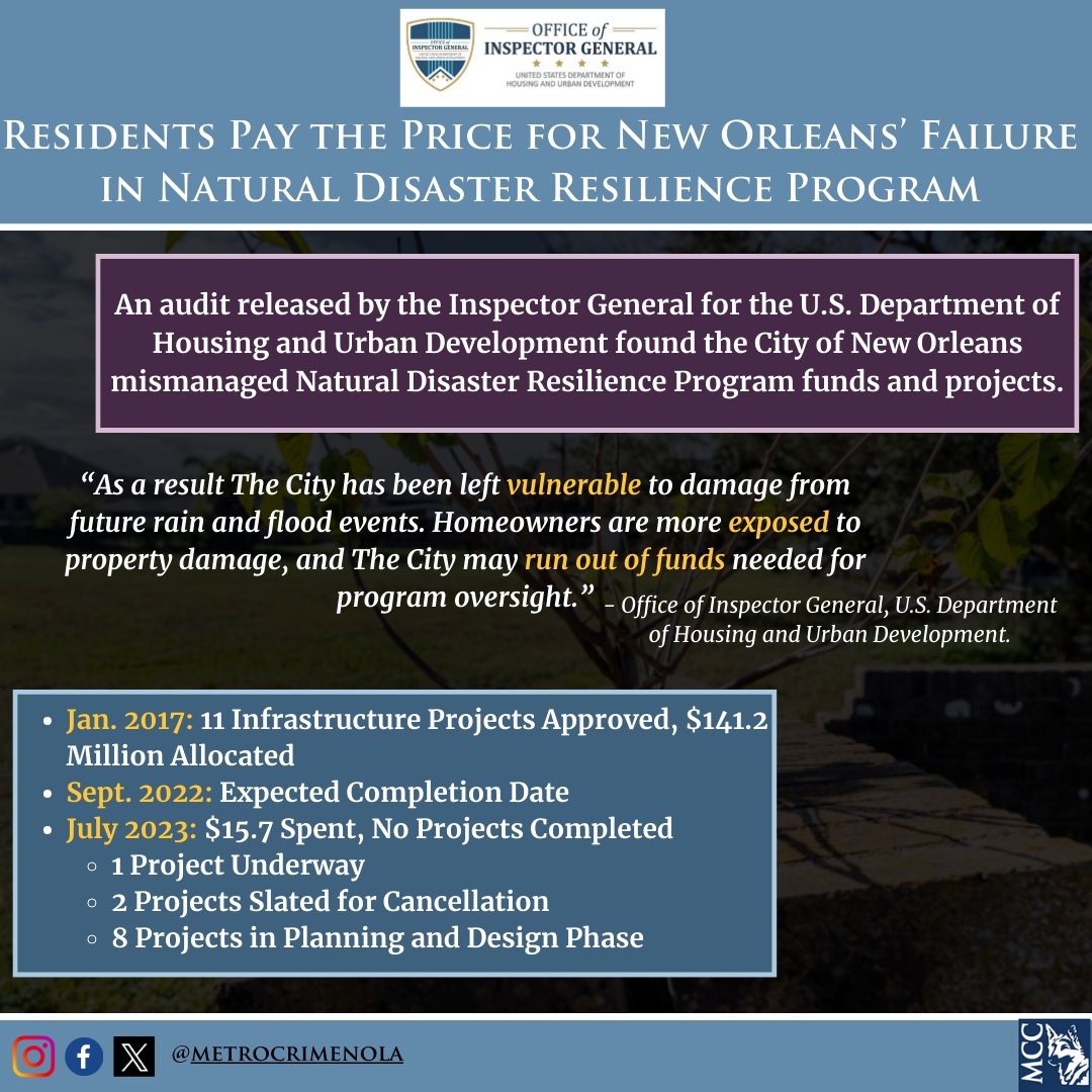 New Orleans residents facing the consequences of mismanaged resilience funds with delayed projects and increased vulnerability, #transparencymatters #nola #nolacrime #staysafenola #mcc #metrocrime #funds #reportcorruption #accountabilitymatters