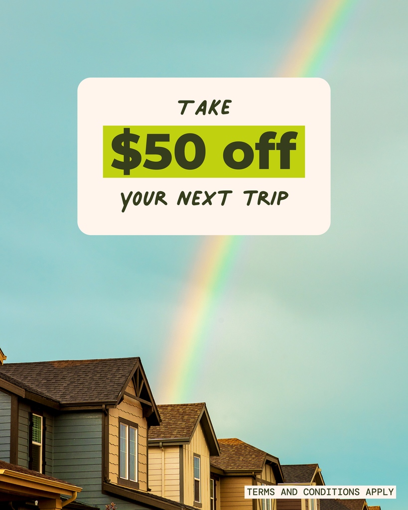 It’s your lucky day to save some green 🍀 Take $50 off your next trip — just follow the rainbow 🌈 to l8r.it/VmmA