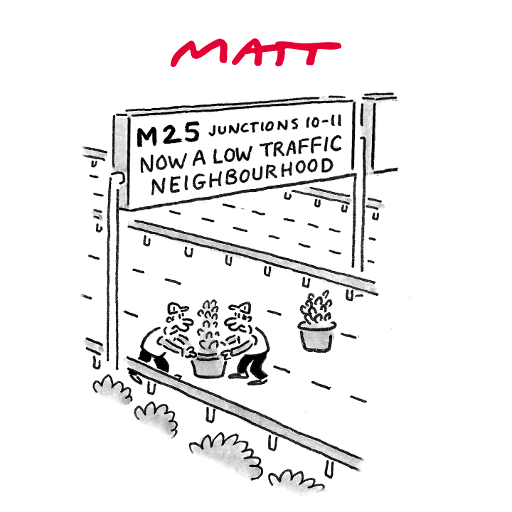 'M25 Junctions 10-11 NOW A LOW TRAFFIC NEIGHBOURHOOD' My latest cartoon for tomorrow's @Telegraph Buy a print of my cartoons at telegraph.co.uk/mattprints Original artwork from chrisbeetles.com