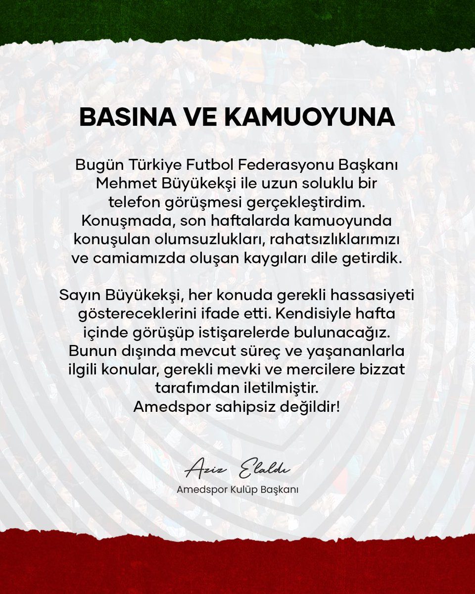 Basına ve Kamuoyuna Bugün Türkiye Futbol Federasyonu Başkanı Mehmet Büyükekşi ile uzun soluklu bir telefon görüşmesi gerçekleştirdim. Konuşmada, son haftalarda kamuoyunda konuşulan olumsuzlukları, rahatsızlıklarımızı ve camiamızda oluşan kaygıları dile getirdik. Sayın Büyükekşi,…