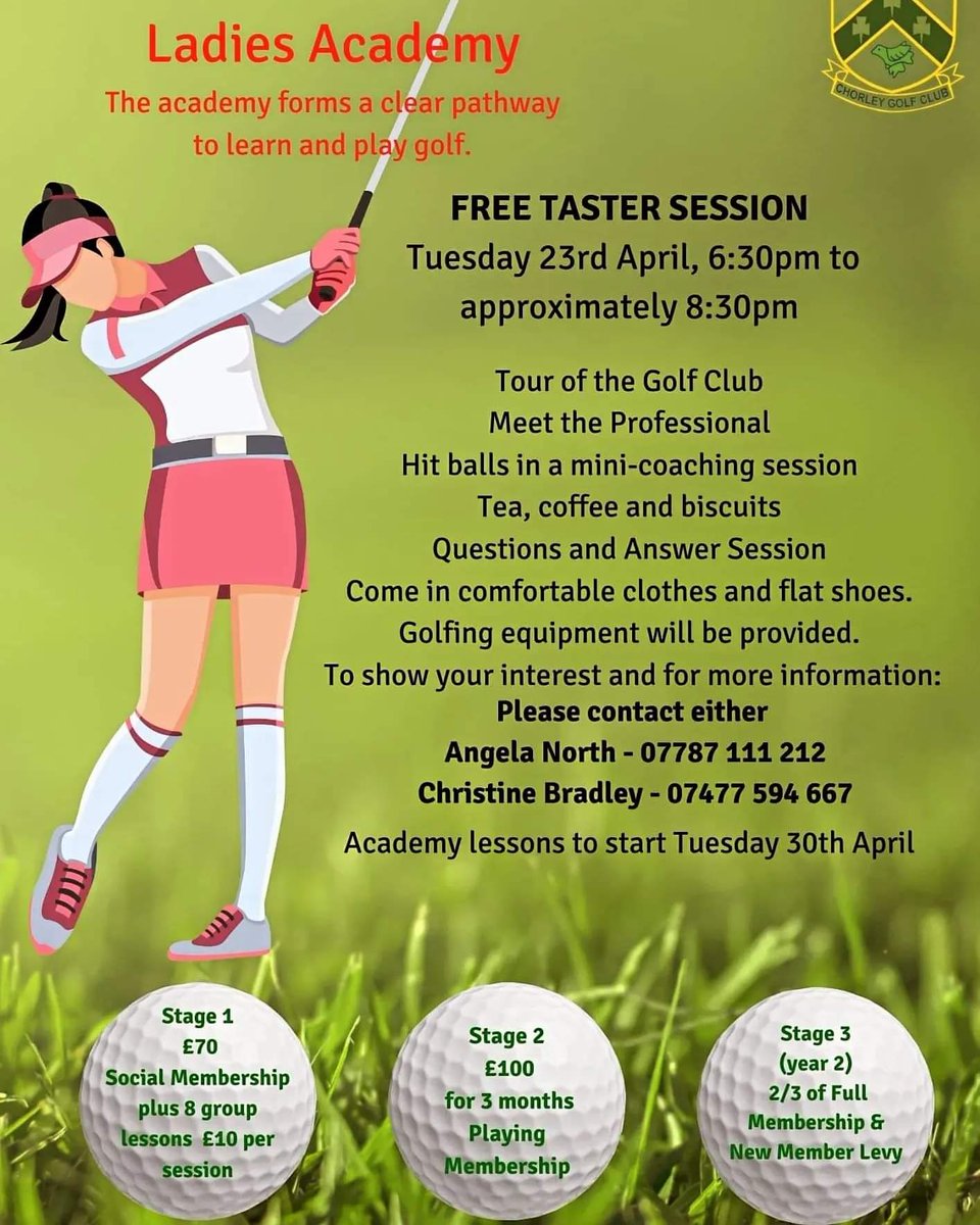 Ladies get into golf for 2024 with the fantastic Ladies Academy @ChorleyGolfClub
This is a fantastic opportunity to get into a new sport and socialise in a welcoming setting.
The first session is free so why not register your interest today! 

#ladieswhogolf #Getintogolf