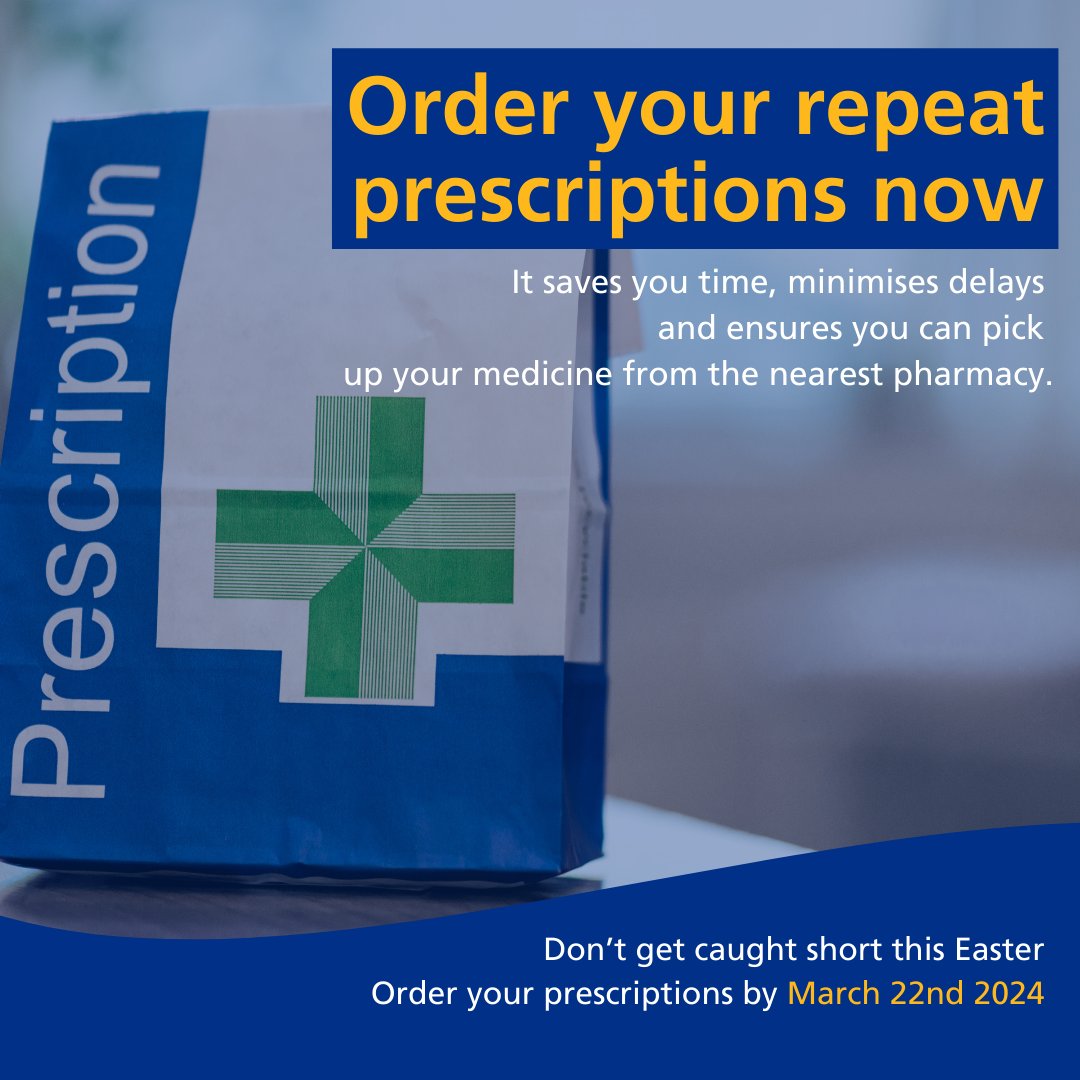 happyhealthycw's tweet image. With the Easter bank holidays approaching, make sure you order your repeat prescription in the usual way by 22nd March to avoid getting caught short.