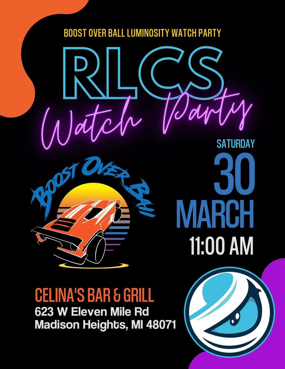 🚨 RLCS Major Watch Party 🚨 

Join us at the Boost Over Ball Luminosity Watch party on Saturday March 30th at Celina's bar and grill in Madison Heights, MI!! 

Come hangout, watch some RLCS action, win some Luminosity merch, and more!

Hope to see you all there ❤️