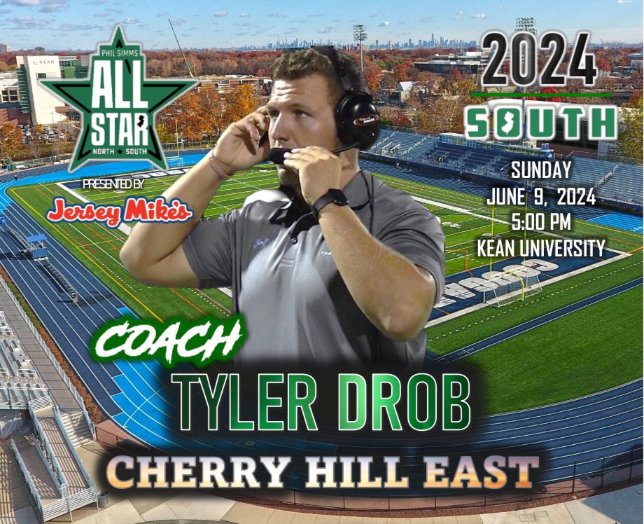Tyler Drob (@coachdrob65) on Twitter photo Excited for the opportunity to coach in the north-south all star game ‼️
#SouthSide
<a href="/PSimmsNoSoGame/">Phil Simms North South All-Star</a> <a href="/CHE_Fball/">Cherry Hill East Football</a> <a href="/CHHSEAST/">Cherry Hill East</a> <a href="/PhilSimmsQB/">Phil Simms</a> Excited for the opportunity to coach in the north-south all star game ‼️
#SouthSide
<a href="/PSimmsNoSoGame/">Phil Simms North South All-Star</a> <a href="/CHE_Fball/">Cherry Hill East Football</a> <a href="/CHHSEAST/">Cherry Hill East</a> <a href="/PhilSimmsQB/">Phil Simms</a>