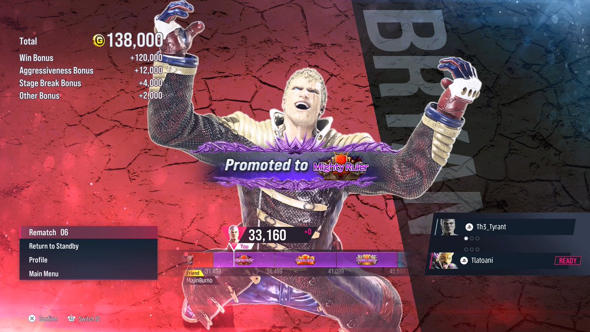 th3_tyrant's tweet photo. 100 hours in tekken, picking up Bryan and playing him for I think a week now. Finally! I make it to mighty ruler, first time getting to the purple ranks. Ik it’s not much but it is to me coming from no experience with tekken. Shout out to @R4R3side for helping get better everyday https://t.co/4se1KQmaQW