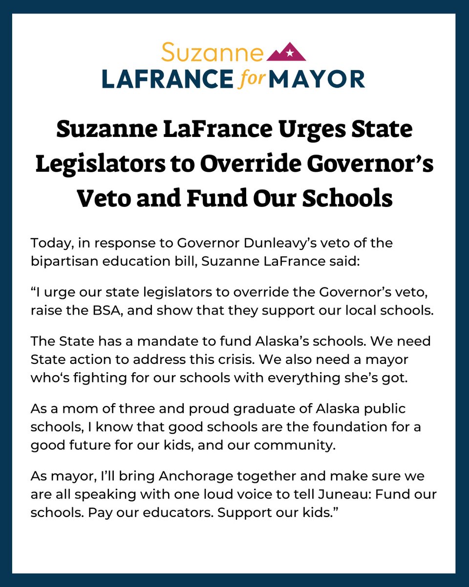 votesuzanneak's tweet photo. I urge our state legislators to override the Governor’s veto and raise the BSA. And I commit to being a champion for our schools, students, and educators as mayor. https://t.co/CzMnufjShb