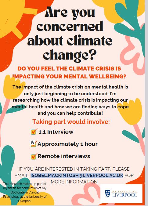 Caroline (She/Her) (@ca_hands) on Twitter photo Are you concerned about climate change?
We are seeking people to take part in an online interview lasting approximately one hour:
IF YOU ARE INTERESTED IN TAKING PART, PLEASE EMAIL: ISOBEL.MACKINTOSH@LIVERPOOL.AC.UK
please share Are you concerned about climate change?
We are seeking people to take part in an online interview lasting approximately one hour:
IF YOU ARE INTERESTED IN TAKING PART, PLEASE EMAIL: ISOBEL.MACKINTOSH@LIVERPOOL.AC.UK
please share