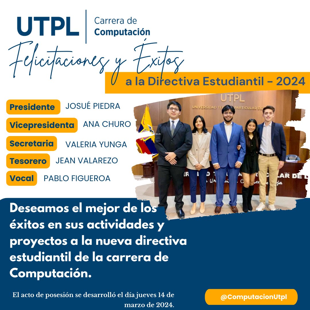 ➡️Deseamos el mejor de los éxitos en sus actividades y proyectos a la nueva directiva estudiantil de la carrera de Computación - 2024. Felicitaciones 👏👏
#ComputaciónUTPL