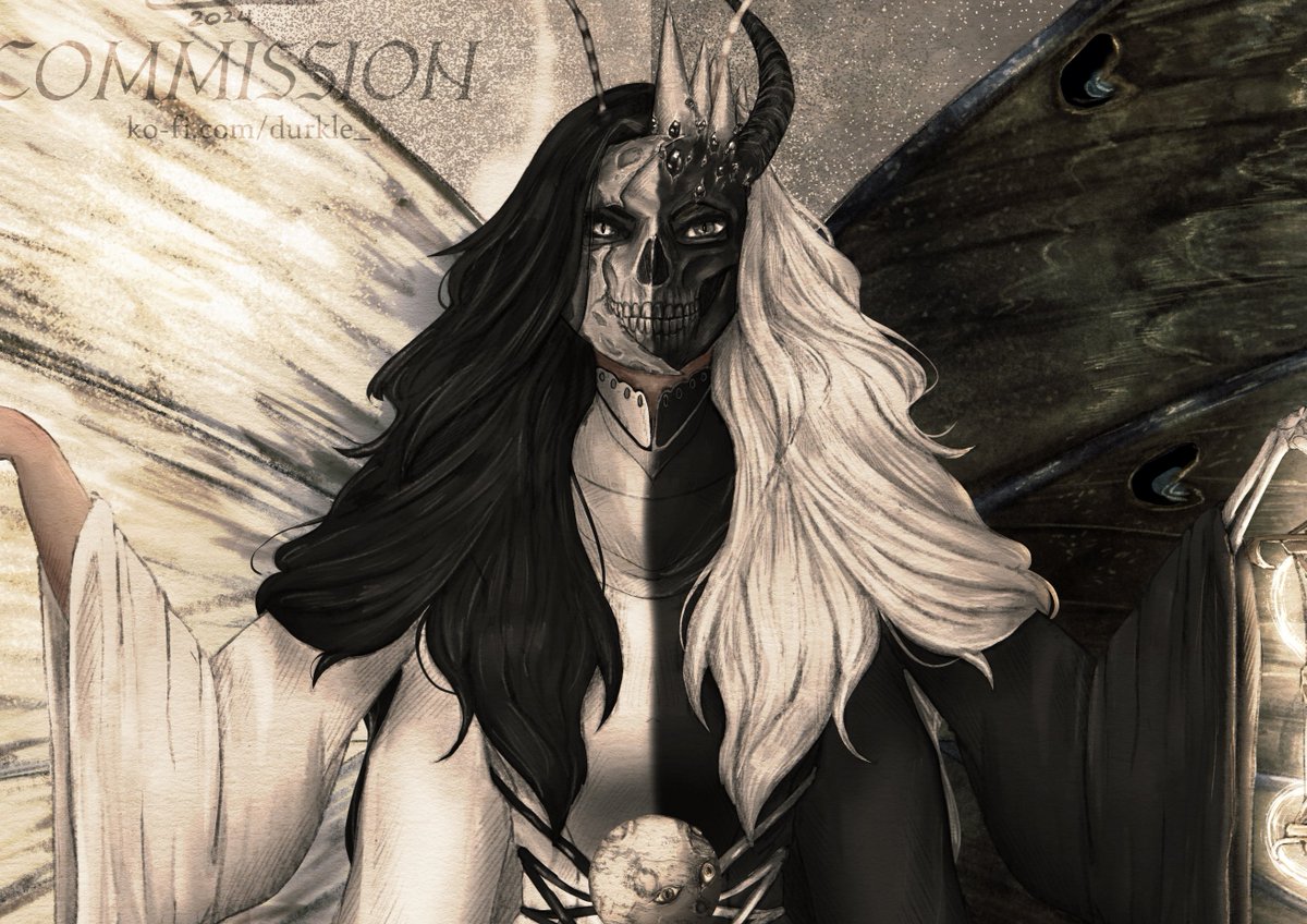 ✨D&amp;D Fairy Gods #Commission  Project 2 of 24
Collaboration project for a homebrew campaign✨ 

"Necrula~ Goddess of Death, One who values the cycle of nature. Manifested as a Fairy Moth, born from the wills of the Elves, Half Elves, Genasi, and Owlin."  #dndart #characterdesign