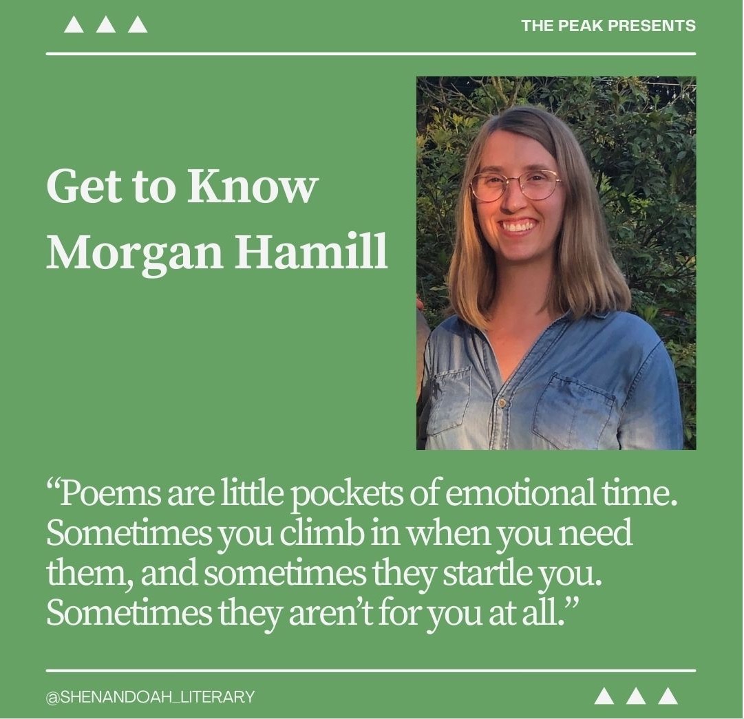 Check out this new post titled, 'Abstraction, Epigraphs, and Shifting Perspectives: A Conversation with Morgan Hamill'. Morgan Hamill, author of After and somewhere to rest, discusses her writing process, inspirations, and upcoming work with Shenandoah intern Ryan Doty. 🙂