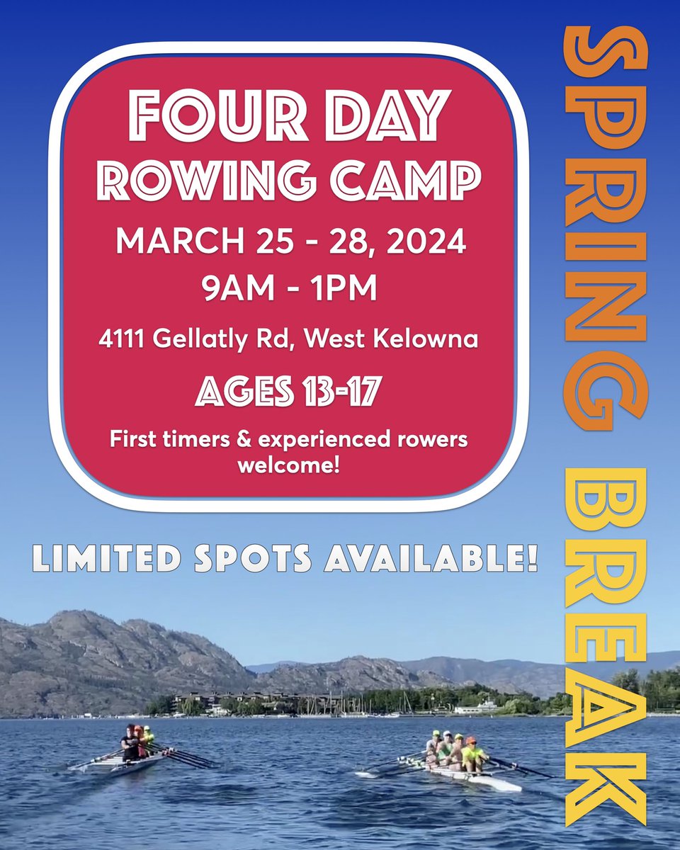 💫 LIMITED SPOTS AVAILABLE!

Join us for our Spring Break Rowing Camp - a unique, fun experience!

📆 March 25-28, 2024
🕘 9 AM - 1 PM Mon - Thur
💰 $275
🖊️ membership.rowingcanada.org/JoinProgram/Ag…