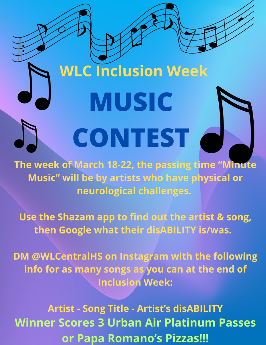 Minute Music Contest for Inclusion Week!  

BTW...the prizes come in a 3 pack in recognition of World Down Syndrome Day (Thursday, 3/21), due to 3 copies of the 21st chromosome!