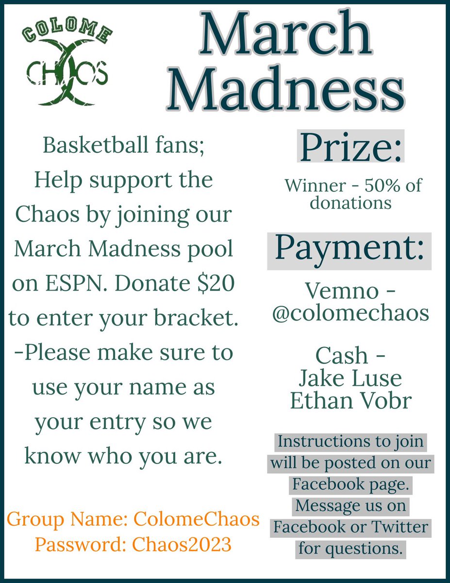 ColomeChaos's tweet photo. Brackets revealed this Sunday. 
Take time to donate &amp; make a bracket! 
Go to your espn fantasy app and find the men’s tournament challenge. Standard espn scoring will be used. 
Use your name as your bracket name and send us your donation. Message with any questions. #MarchChaos https://t.co/1rugfEUAEJ