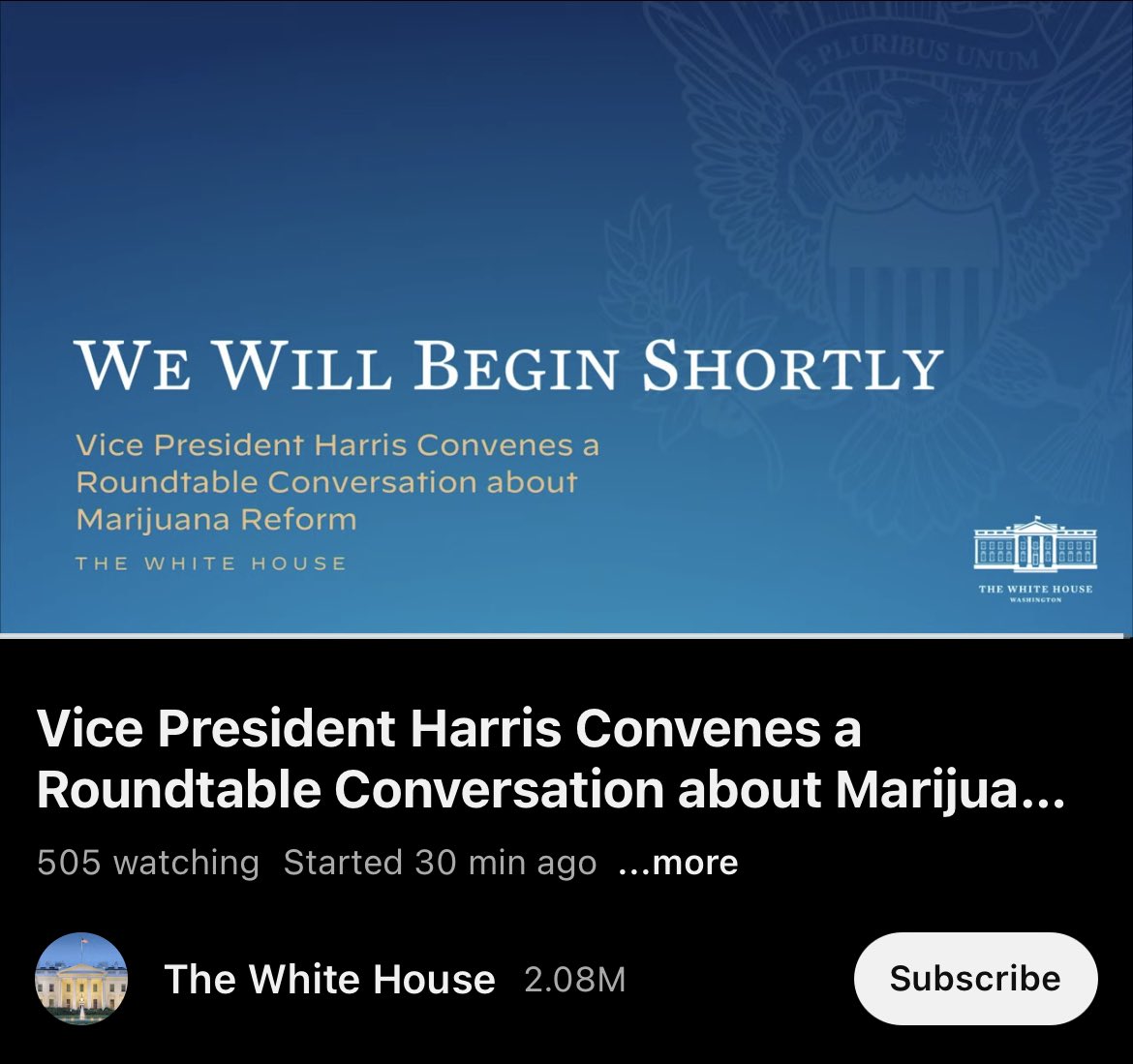STARTING SOON: <a href="/VP/">Vice President JD Vance</a> <a href="/KamalaHarris/">Kamala Harris</a> will hold a roundtable including long time <a href="/NORML/">NORML</a> activist <a href="/freedomisgreen/">Chris Goldstein</a> to talk about #marijuana reform. 

youtube.com/live/oLOVgPWWN…