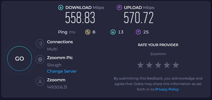 Can't argue with that, top speedage and latency from @zzoommfullfibre , far better than the 25/7 i used to get with Sky for more money