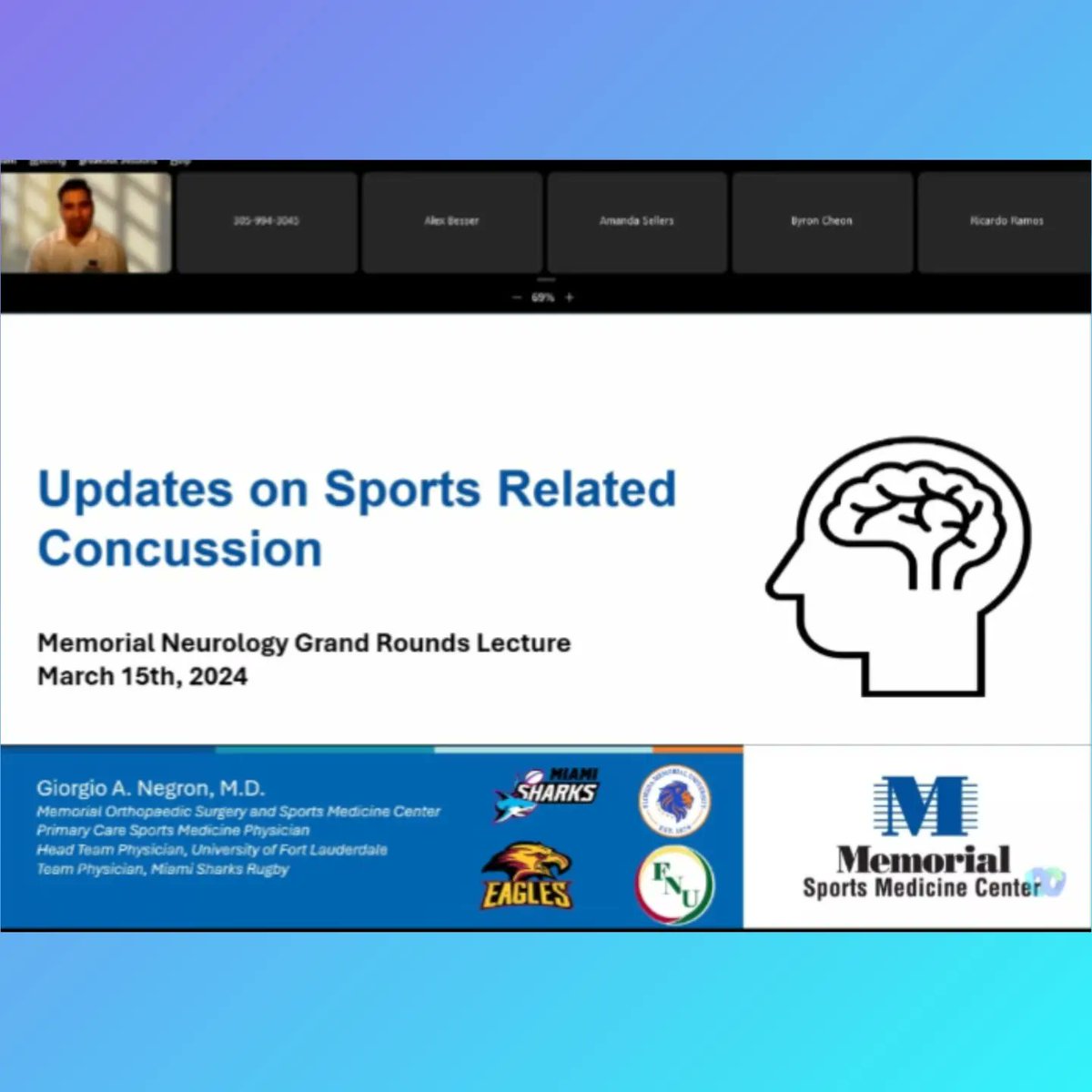 GiorgioNegronMD's tweet photo. A heartfelt thank you MHS Neurology &amp;  MHS PM&amp;R for inviting me to give a Grand Rounds lecture and PM&amp;R residency lecture this month.🧠💡

It was great delving into the latest on sports-related concussion research!

#SportsMedicine #LifelongLearning #ConcussionAwareness https://t.co/8XE0B6xeb2