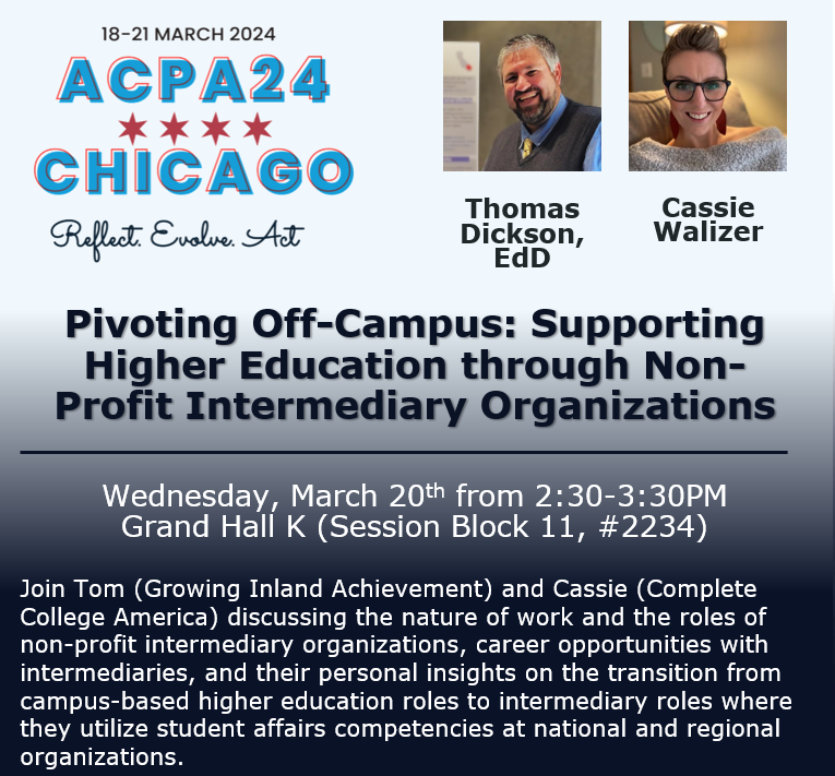 Join myself and Cassie at the ACPA24 Conference as we discuss what it is like working for intermediary organisations in higher education and our transitions from campus-based careers to non-profits.

Wednesday the 20th 
at 2:30pm-3:30pm (Grand Hall K)
#ACPA24 #ACPA100 #HigherEd