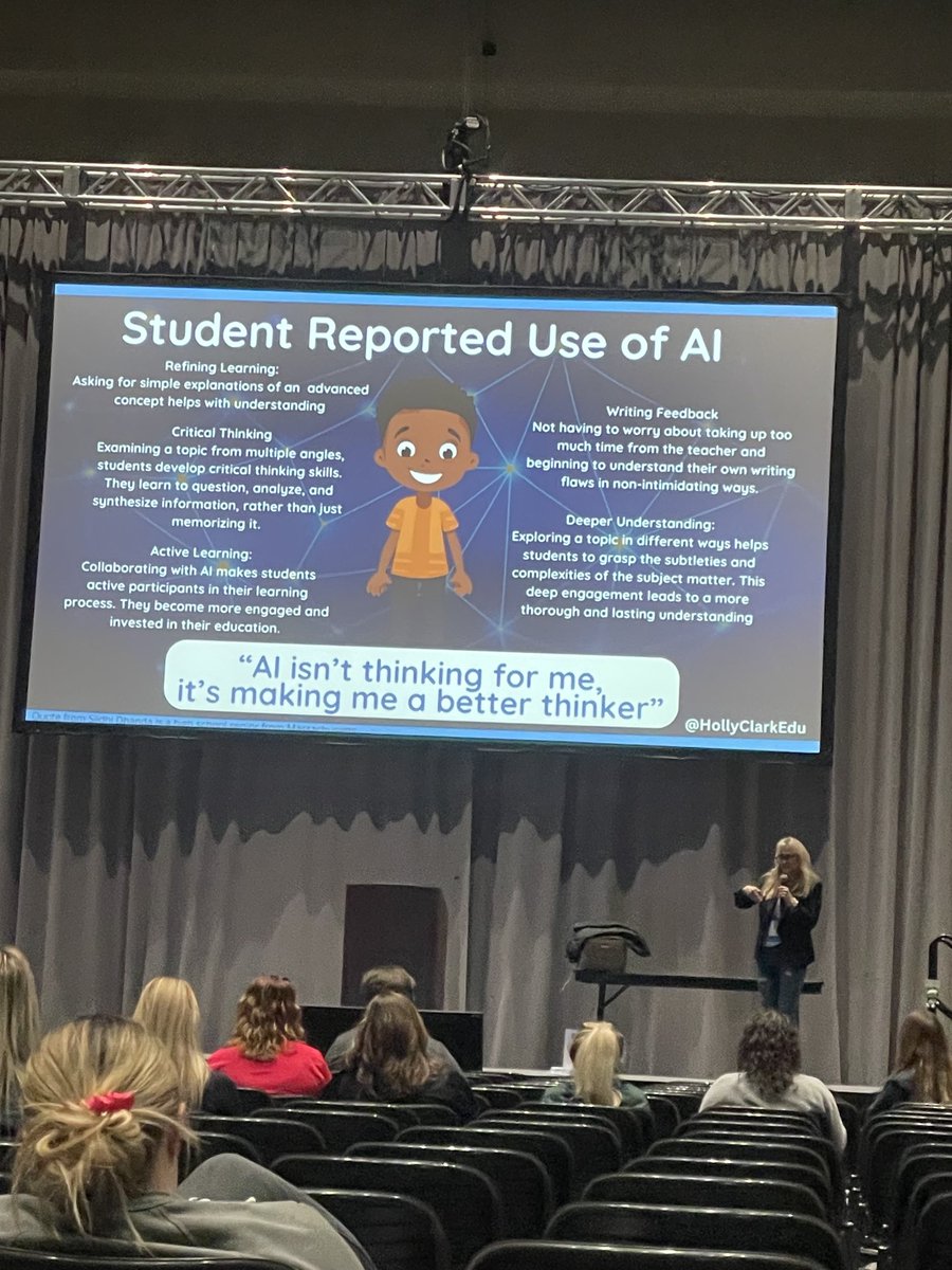 Joe Rommel (@jrommel) on Twitter photo Learning from <a href="/HollyClarkEdu/">Holly Clark - The AI Infused Classroom</a> and appreciate this thought from a student she has worked with ‘AI isn’t thinking for me, it’s making me a better thinker.’ #macul24 Learning from <a href="/HollyClarkEdu/">Holly Clark - The AI Infused Classroom</a> and appreciate this thought from a student she has worked with ‘AI isn’t thinking for me, it’s making me a better thinker.’ #macul24