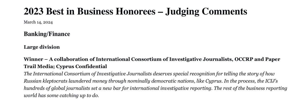 We're so happy our allstar team with @ICIJorg & @OCCRP and the fantastic partners around the world (👋 @guardian, @TBIJ, @lemondefr and many more) won with #CyprusConfidential, an investigation which took us so many months, and so much work. (2/4)