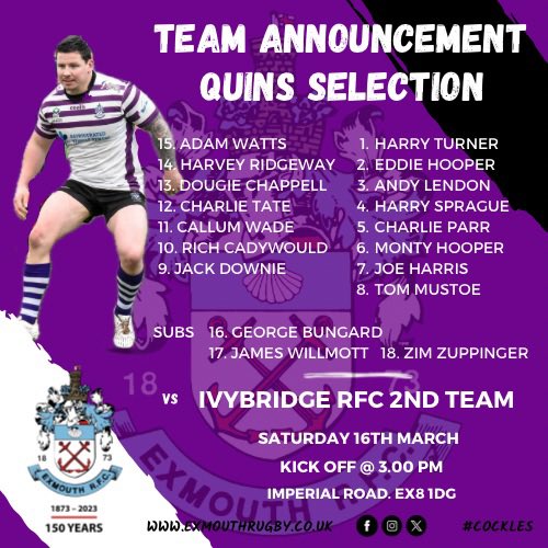 🔊 TEAM ANNOUNCEMENT 🚙 1ST TEAM On The Road v @IvybridgeRFC KO 2.30 pm 🏖️ QUINS at Our House v @IvybridgeRFC 2nd Team. KO 3.00 pm 📺 SIX NATIONS Rugby on our TVs 👉🏼 all 3 games live, we’ve got rugby, hospitality, a warm welcome & more rugby☀️ #joinus #squad #cockles💜