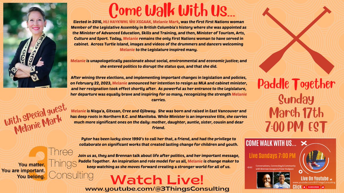 Excited to have @melaniejmark Come Walk With Us...this Sunday, at 7:00 PM Eastern, as we chat about how we can, and why it matters, that we paddle together. Find us at YouTube at youtube.com/@3ThingsConsul…