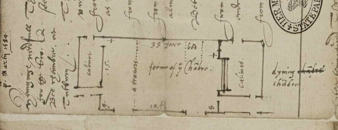 Hangings needfull for the Sco. Q. bed chamber at Tutbury Castle, March 1585, the bed in a cosy position next to the fireplace. (SP 53/15 f.48)