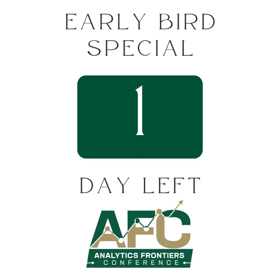 CLTDataScience's tweet image. Time is ticking! ⏰ We're a month out from the Analytics Frontiers Conference & early bird pricing ends TODAY! If you haven't purchased tix yet, be sure to grab a friend or colleague and sign up by midnight tonight to save 💰
Register ➡️brnw.ch/21wHUWX.
#AFC2024