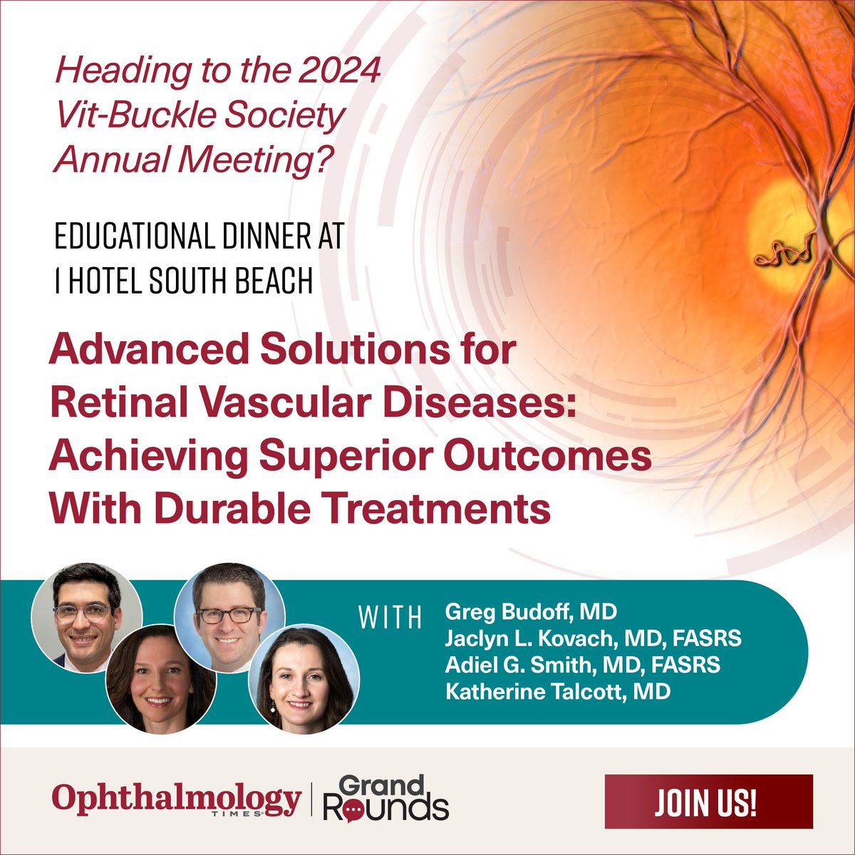 Excited for #VBS2024? Dive into the future of retinal vascular disease treatment with industry leaders at our Grand Rounds event. Learn how enhanced treatment durability  for patients with neovascular AMD, DME, or RVO. 
RSVP or learn more here! ow.ly/6o4L50QUnkq