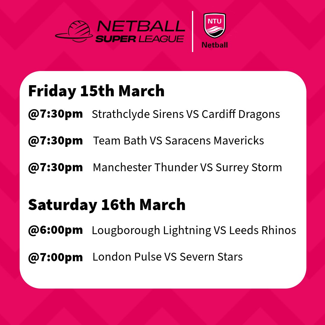 Round 5 of #NSL2024 starts tonight! 🤩

Best of luck to our scholars and alumni! 

🎬 Tune into Sky Sports from 7:30pm to watch our alumni, Ella Bowen, take to the court with Manchester Thunder.

#NTUSport #PinkArmy #ProudToBePink