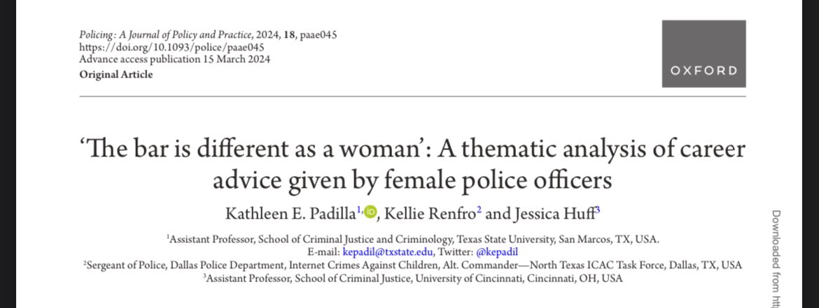 So much encouragement for women to join policing…as long as they are prepared to handle some of the challenges surrounding childcare & family, the machismo culture, & staying true to themselves. New paper with @KellieR_Dallas @JessieHuff19 out now! bit.ly/3vbMDFI